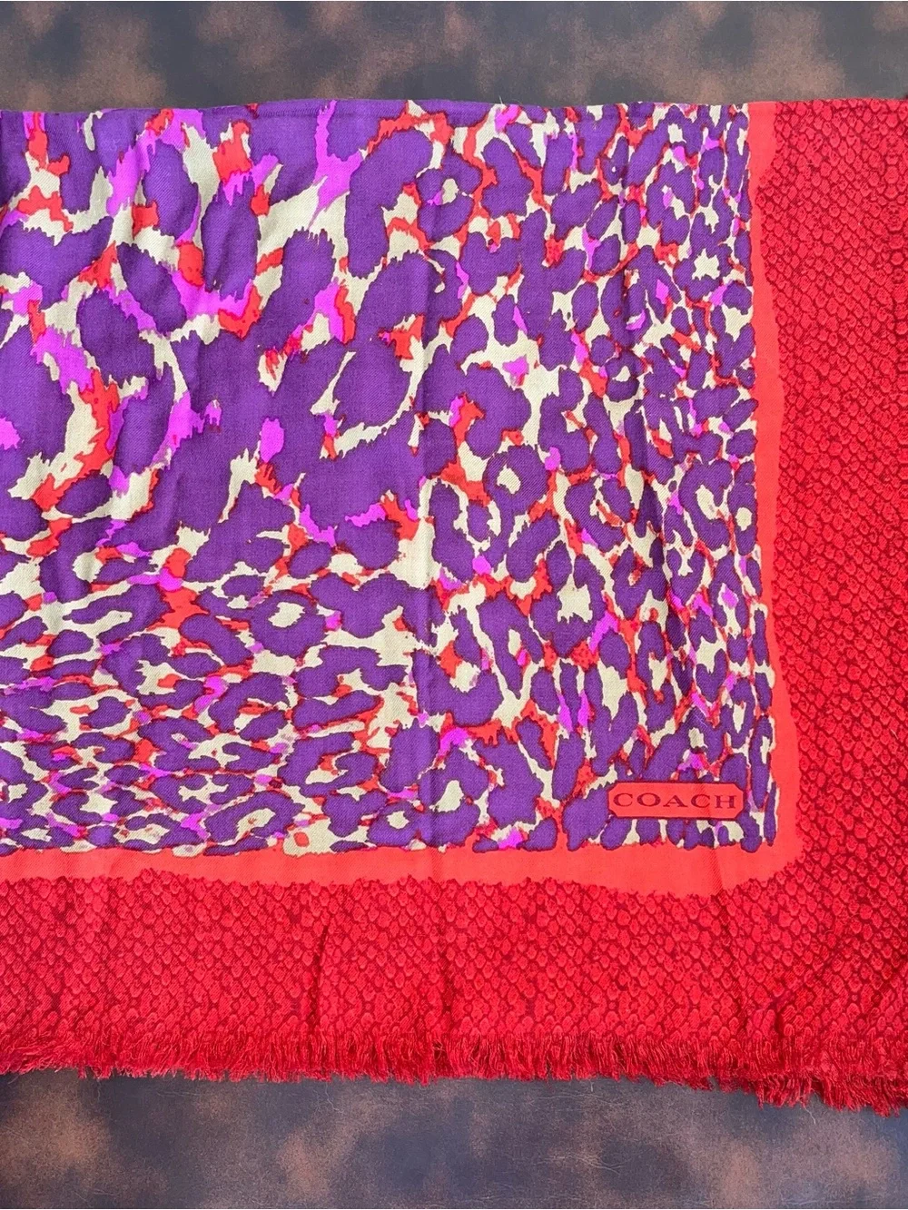 Coach Ocelot Animal Print Square Shawl Scarf NWT Accessory Purple Red 52”X 52”